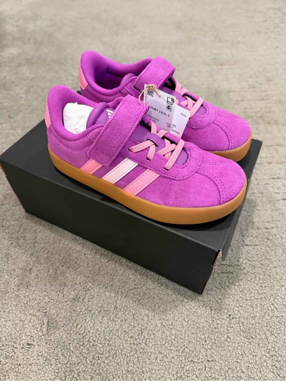 adidas Kids Purple Suede Sneakers with Pink Stripes and Gum Sole
